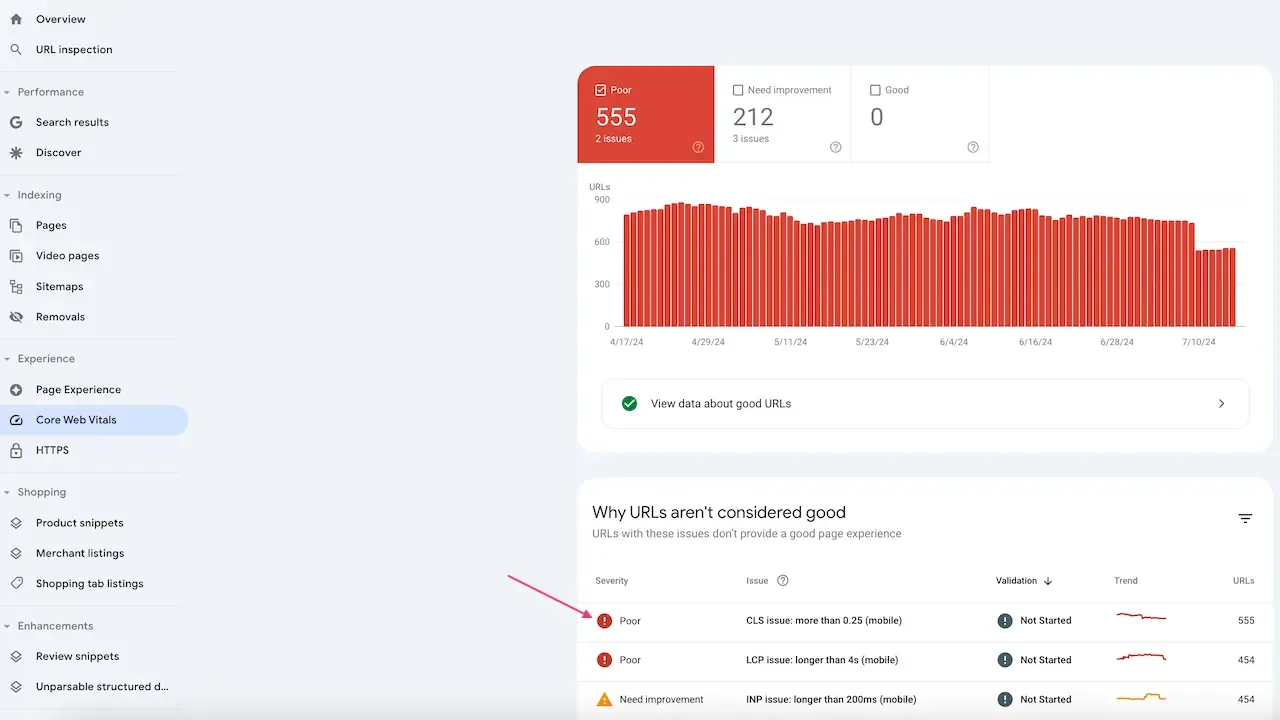 Google search console core web vitals issue